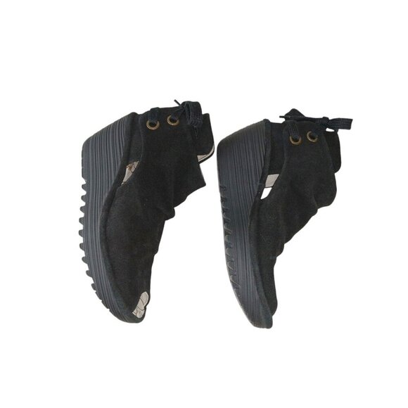 Fly London Yema Booties Women's Size 7.5 Black Suede Peep Toe Heel Tie Wedge - Picture 6 of 10